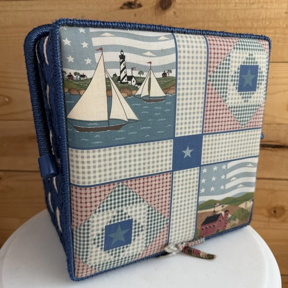 Vtg Woven Sewing Basket Wicker Americana *Flaws* Cottagecore Farmhouse Blue‎ USA
